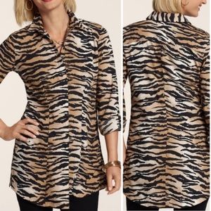 Chico's Tiger Print No-Iron Button Down Cotton Neutral Print Longline Shirt XXL